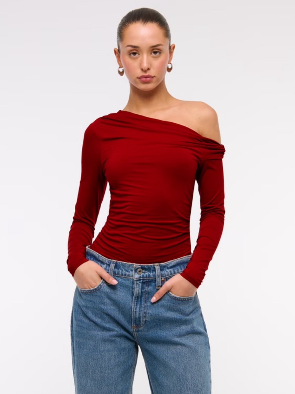 Abercrombie & Fitch Off the Shoulder Long Sleeve Women's Top in Deep Red